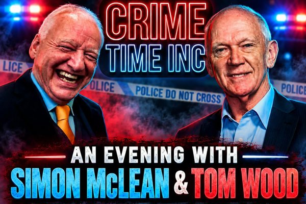 Image shows two men against a police background with text: “Crime Time Inc – an evening with Simon McLean and Tom Wood. Two former detectives. Real cases. Their books.”