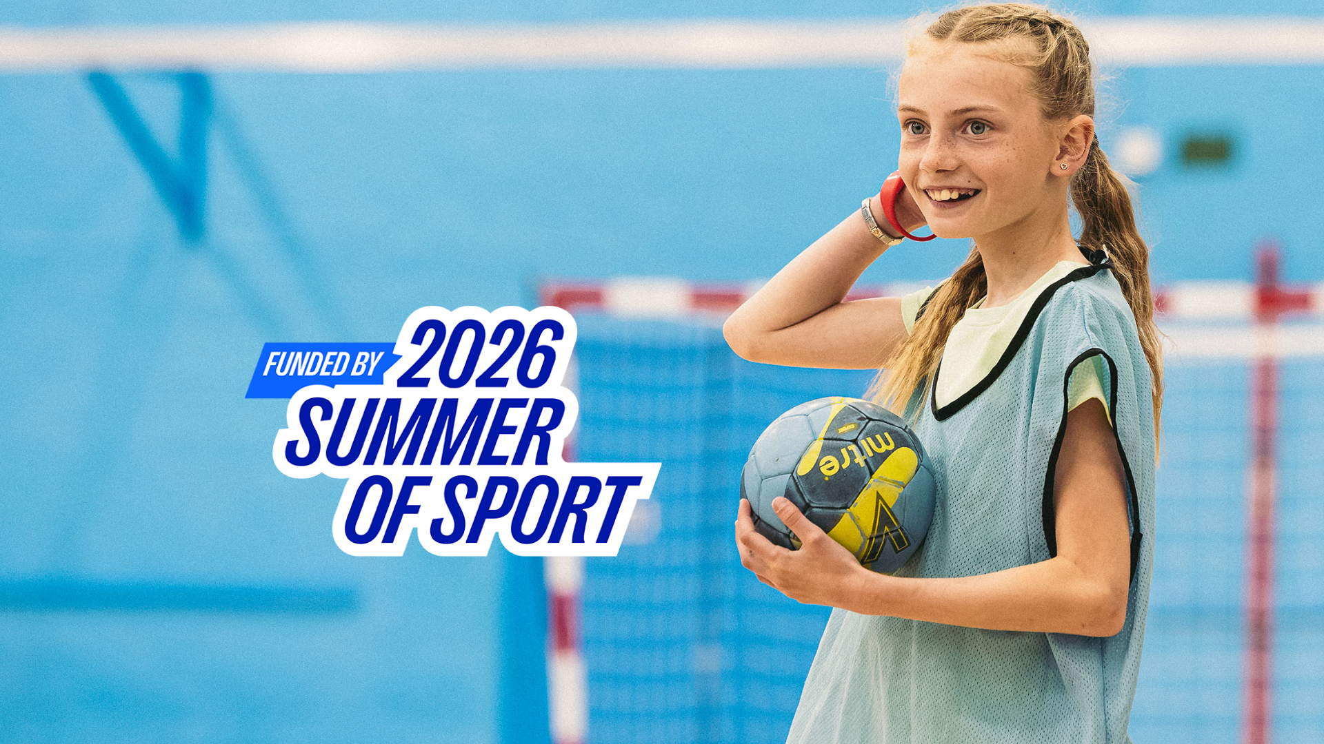 Female child holding netball. Text saying: "Game on all summer long"